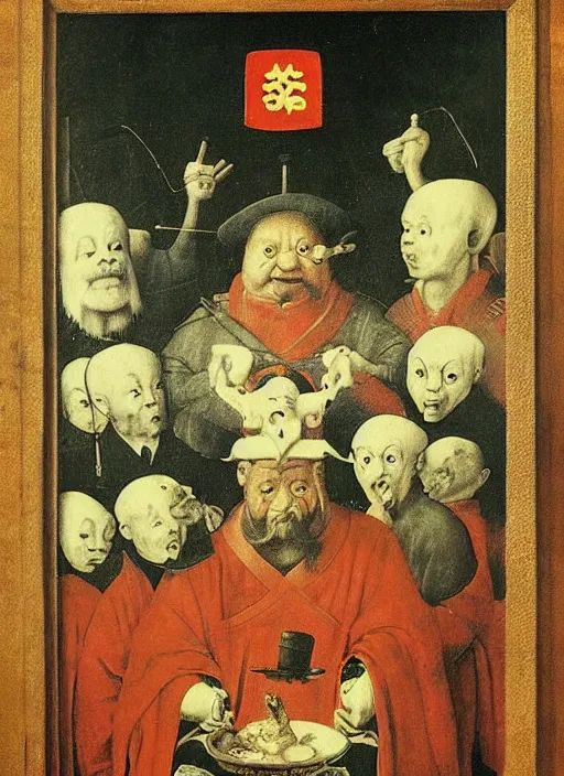 Prompt: Xi Jinping by Hieronymus Bosch and James Jean, rule of thirds, highly detailed features, perfect symmetry, horror elements, horror theme, award winning, totalitarian setting