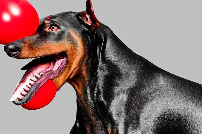 Image similar to side profile profile of a snarling doberman wearing clown makeup and a red rubber nose, 4 k, hdr color