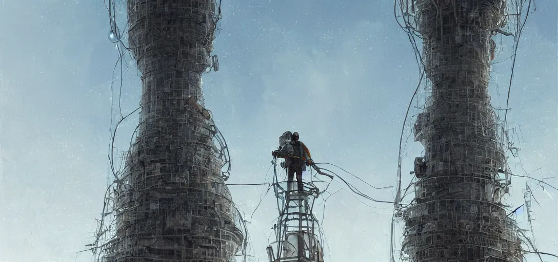 Prompt: Wireless Internet technician looking up from the base of a giant telecommunications tower, getting ready to climb and replace radio. Post apocalypitic landscape, dystopia. james gurney, james jean, greg rutkowski, anato finnstark. hyper detailed, 35mm, hazy atmospheric lighting volumetric