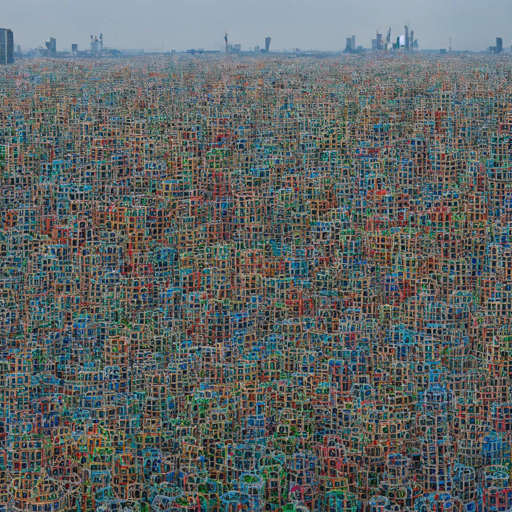 Image similar to a circular tower, made up of colourful makeshift squatter shacks in city downtown, dystopia, sony a 7 r 3, f 1 1, fully frontal view, ultra detailed, photographed by andreas gursky,