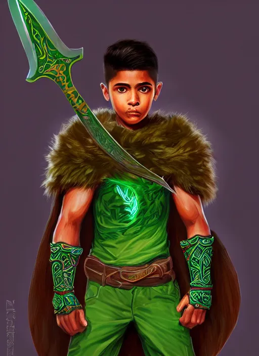 Image similar to a highly detailed illustration of fierce attractive young tanned short haired tribal latino boy wearing green wolf cape, heroic wielding sword pose, muscular, intricate, elegant, highly detailed, centered, digital painting, artstation, concept art, smooth, sharp focus, league of legends concept art, wlop