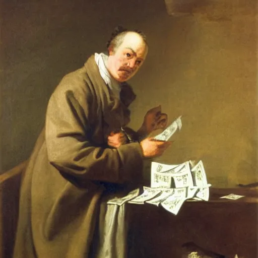 Prompt: Joseph Ducreux meme Self-portrait of the artist in the guise of a mockingbird with piles of money