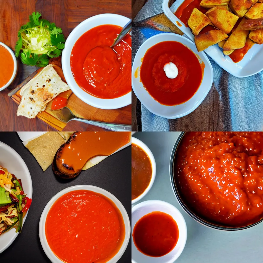 Prompt: hot sauce combo meal, just hot sauce, lots of sauce, bowl of sauce, food photography