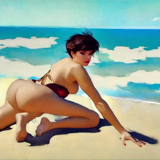 Prompt: greg manchess painting of tracer wearing a 1 9 2 0 s bikini in a beach, medium shot, organic painting, sunny day, bold shapes, hard edges, street art, trending on artstation, by huang guangjian and gil elvgren and sachin teng and artgerm and greg rutkowski and alphonse mucha