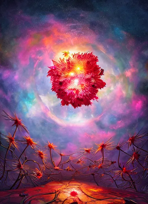 Image similar to An epic fantastic realism comic book style painting of the most beautiful entwined flowers launched across the dark galactic night sky, nebulous bouquets, fisheye lens, unreal 5, DAZ, hyperrealistic, octane render, dynamic lighting