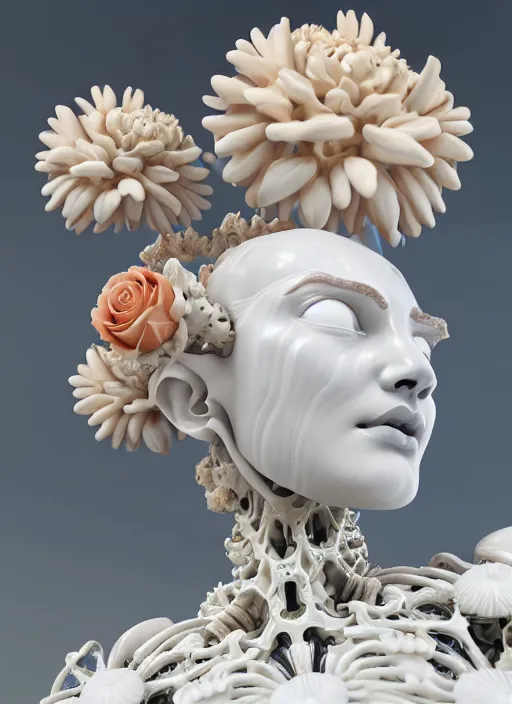 Image similar to biomechanical white marble statue made of corals, daisies, roses, well contoured smooth fair walls spraying perfume bottle, up close shot, sharp focus, global illumination, radiant light, alexandre ferra white mecha, irakli nadar, octane highly render, 4 k, ultra hd,