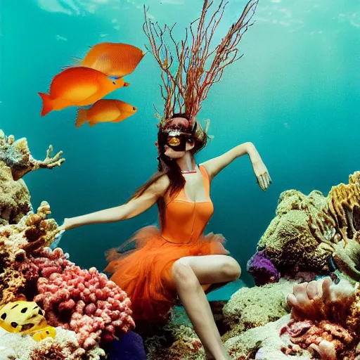 Prompt: medium format photograph of a surreal fashion shoot underwater with tropical fish and coral reefs and electricity