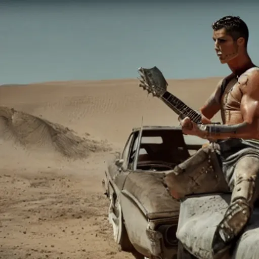 Image similar to cristiano ronaldo playing the guitar in mad max fury road ( 2 0 1 5 ), movie still,