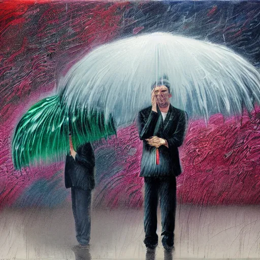 Image similar to a man holding an umbrella, a man holding an umbrella, a man holding an umbrella, a man holding an unmbrella, epic floral composition of deadly silence, intense emotion, powerful painting, gritty feeling, imagining a blissful fate, hope, anger, rage, willing, deconstructed, chaotic, expressive, neo-expressionism, by Francis Bacon, by Beksinski, by Abbas Kiarostami, by Kurosawa, by Hokusai, war photography, colorful, dreams, photojournalism