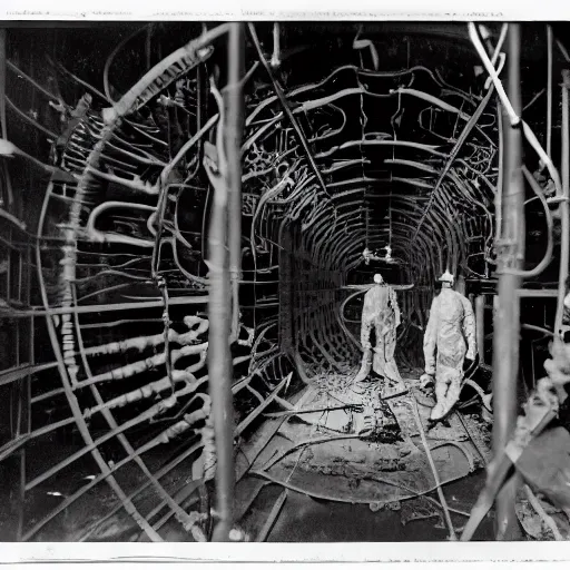 Prompt: old black and white photo, 1 9 1 3, depicting biomechanical aliens inside vats in a derelict tech lab, technicians in hazmat suits, historical record