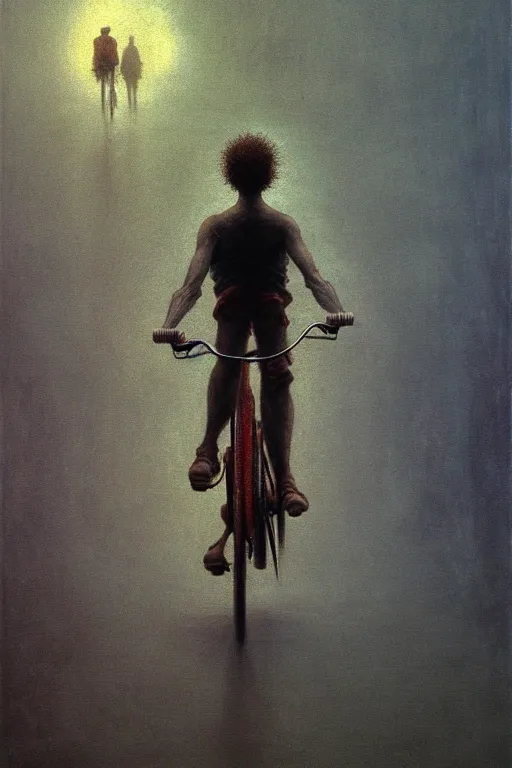 Image similar to young man riding a bicycle with a colorful energy, in the style of beksinski, solarpunk, atmospheric, clean, intricate and epic composition, gray by caravaggio, insanely quality, highly detailed, masterpiece, white light, artstation, 4 k