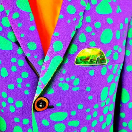 Prompt: frog rave pin on a suit jacket, psychedelic colours beautiful reflections