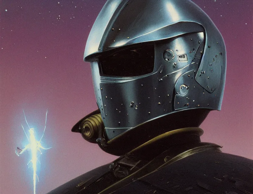 Image similar to a detailed portrait painting of a bounty hunter wearing combat armour and a reflective visor. Movie poster, cinematic sci-fi poster. Flight suit, cloth and metal, accurate anatomy. Samurai influence, knight influence. fencing armour. portrait symmetrical and science fiction theme with lightning, aurora lighting. clouds and stars. Futurism by moebius beksinski carl spitzweg moebius and tuomas korpi. baroque elements. baroque element. intricate artwork by caravaggio. Oil painting. Trending on artstation. 8k