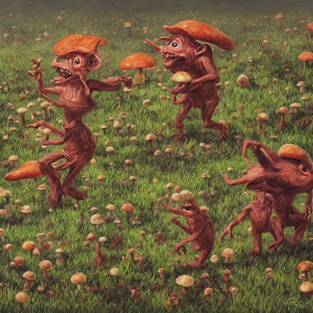 Image similar to a realistic painting of a goblin dancing in a field of mushrooms by Kuang Hong,