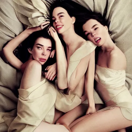 Prompt: stunning vogue magazine photo of dark - haired goddesses vanessa kirby, hailee steinfeld, and bjork smiling, legs intertwined, laying back on the bed, with wet faces!!, wet lips, smooth skin, perfect eyes, insanely detailed, elegant, by wlop, rutkowski, livia prima, mucha, wlop,