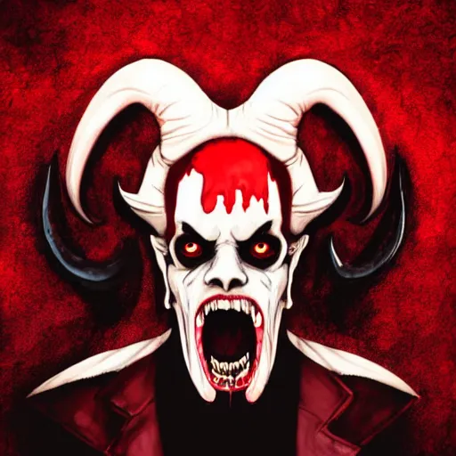 Image similar to the _ devil _ holding _ a _ skull _ red _ horns _ ominous _ fiery _ background _ symmetrical _ detailed _ face _ despair _ highly _ detailed _ high _ resolution _ sandro _ botticel