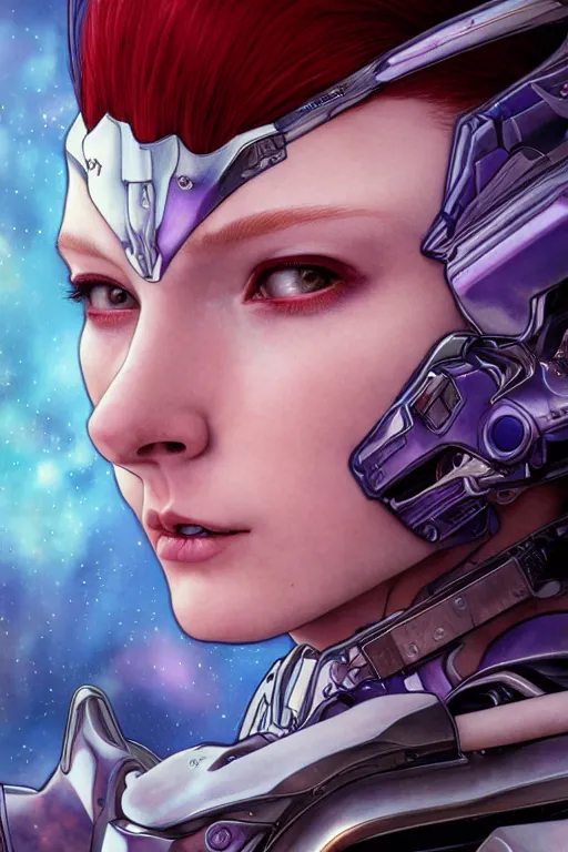 Image similar to extreme close up facial portrait, pale woman with red hair in sci - fi armor with purple accents, bionic armor, stoic, powerful, by artgerm and yoshitaka amano and moebius and alphonse mucha, hyperdetailed, dc comics, ornate, nebula, explosions in the sky, trending on artstation