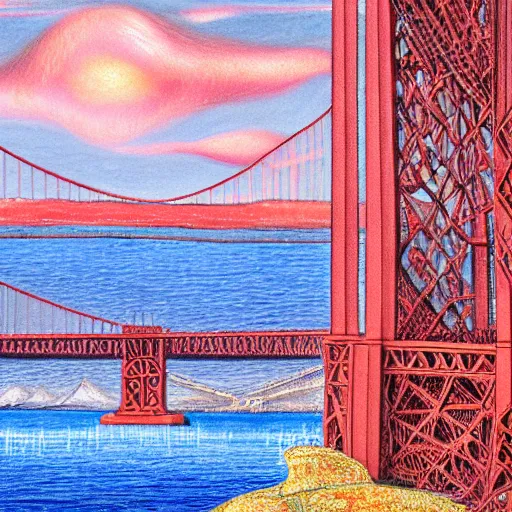 Prompt: giant bone creature standing in the ocean in front of the golden gate bridge, extreme detail, abstract realism, highly ornate intricate details, 1 9 2 0's colored pencil, 4 k, cinematic lighting,