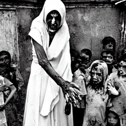 Image similar to zombie mother teresa giving food out at an orphanage