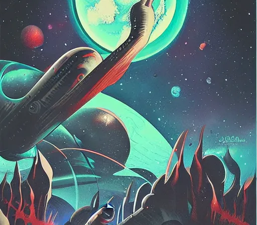 Image similar to retro dark vintage sci-fi : : 2D matte gouache book cover illustration : : deep space macabre sci-fi world