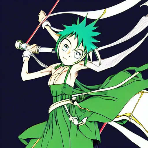 Image similar to fencer, anime style, green hair, dark, animation, detailed, illustration, eiichiro oda,