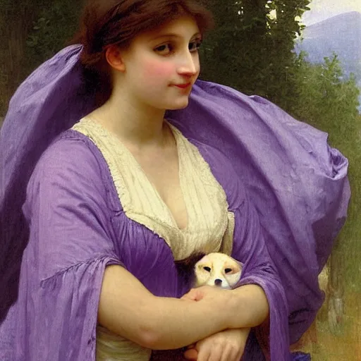 Image similar to An anthropomorphic fox maiden in a purple dress, cottagecore, by bouguereau