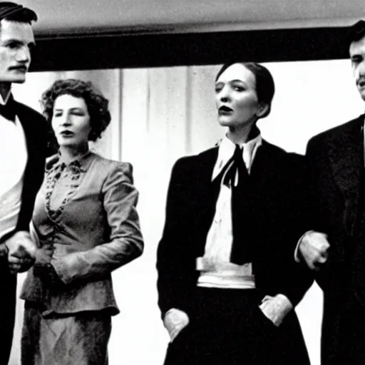 Image similar to film still, Martin Heidegger, George Lucas and Sarah Bernhardt in American Psycho