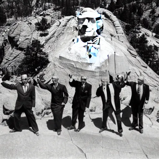 Prompt: A photo of Mt Rushrush, hustling presidents