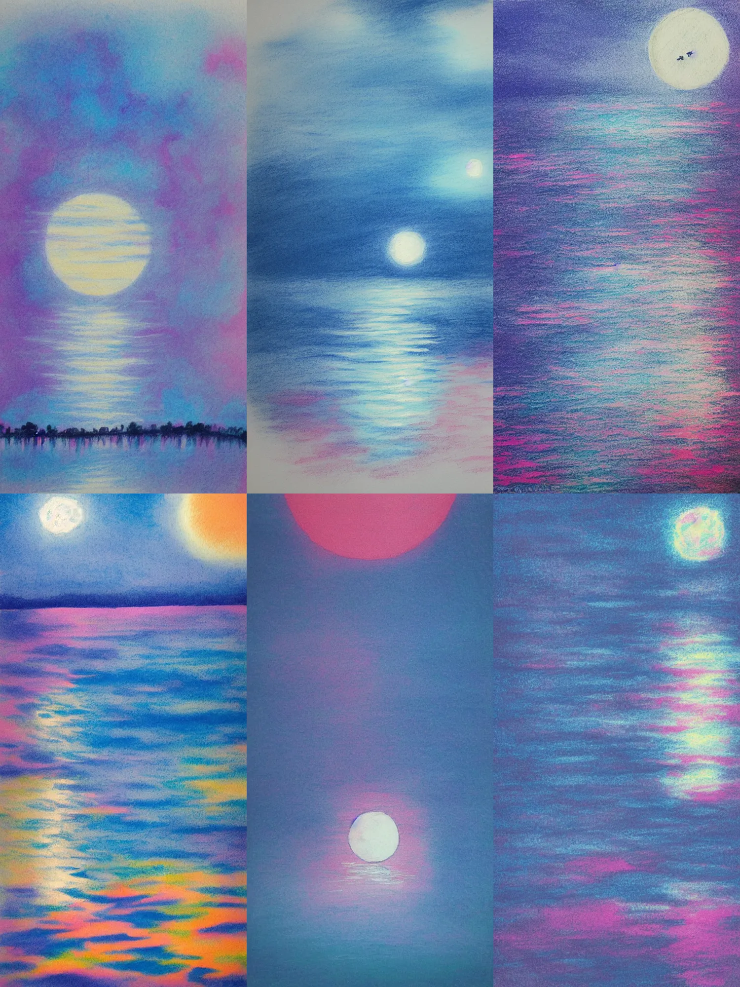 Prompt: the moon shining on a lake at night, blue and pink colour splash, painted with pastels, detailed sumi-e illustration