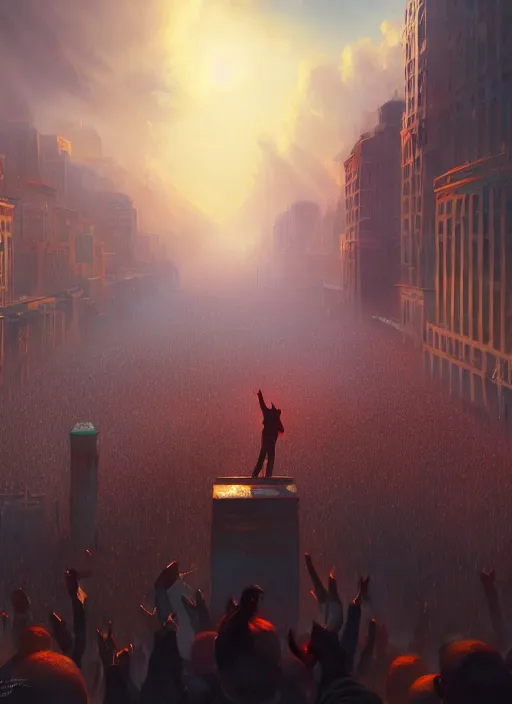 Image similar to painting of a crowd with raised arms pointing towardб demonstration, cinematic view, epic sky, detailed, concept art, low angle, high detail, warm lighting, volumetric, godrays, vivid, beautiful, trending on artstation, by jordan grimmer, huge scene, art greg rutkowski