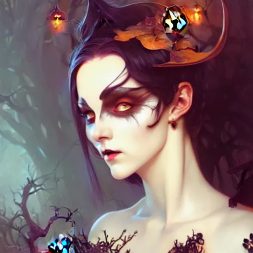 Prompt: halloween funny witch woman, fantasy magic, undercut hairstyle, intricate, elegant, sharp focus, illustration, highly detailed, digital painting, concept art, matte, art by wlop and artgerm and greg rutkowski and alphonse mucha, masterpiece