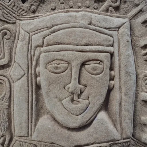 Prompt: embossed stone relief of PewDiePie. mesoamerican stone etching style. artifact. award-winning photography.