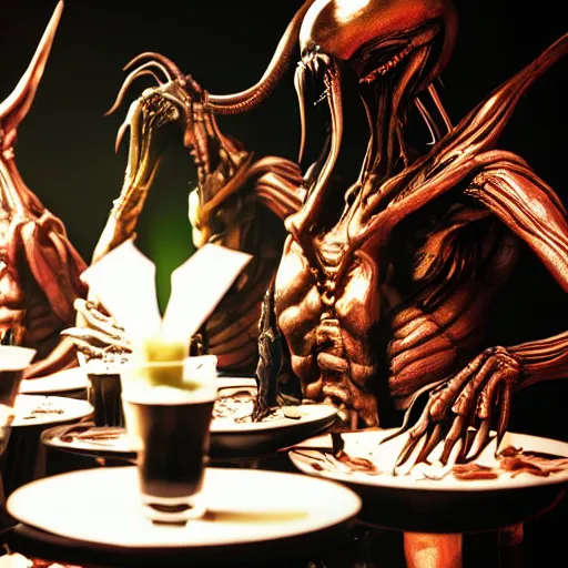 Prompt: Xenomorph at a cocktail party, photo, detailed, 4k