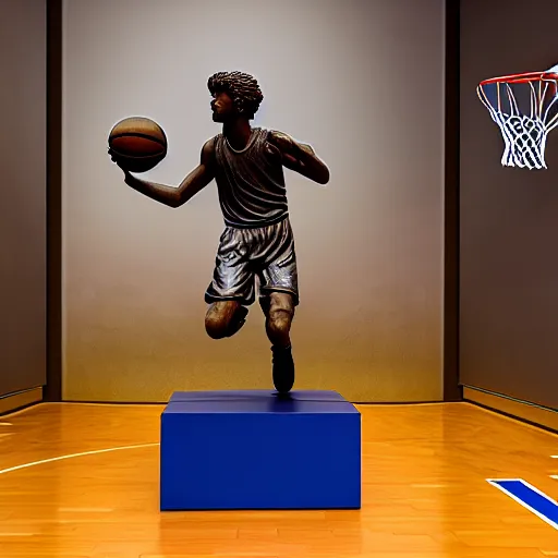 Image similar to highly realistic statue of david playing basketball in a museum, highly detailed, detailed environment, realistic, 8 k, global illumination