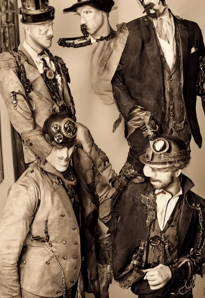 Prompt: two handsome men looking each other with steampunk suit photographed by bruce labruce