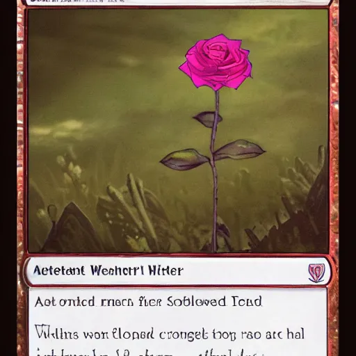 Image similar to a flower in a wasteland, one single flower, red rose, destroyed swampland, dead trees in background, one lone flower, concept art, style of magic the gathering