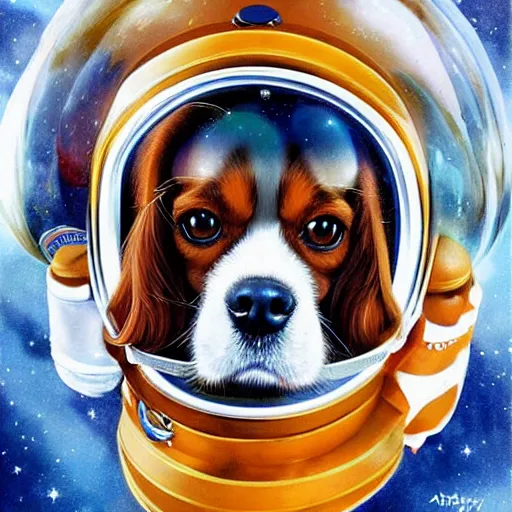 Image similar to cavalier king charles spaniel, wearing an cosmonaut helmet, russian cosmonaut, on the moon, art by artgerm and david a hardy