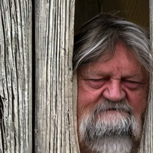 Prompt: sad robert wyatt sticking his head out from a hole in an old fence