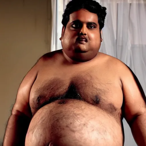 Prompt: very fat very obese Indian man with nipple piercings, movie still