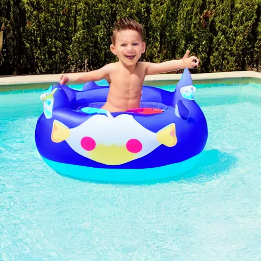 Image similar to success boy riding a unicorn pool float