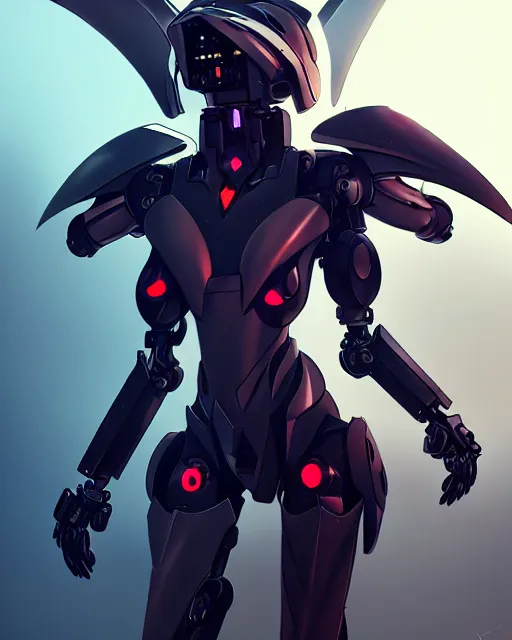 Image similar to uncropped stealthy feminine mecha ( with futuristic jet armor and wings ) with a heart visor helmet, symphogear, full body character portrait, hi - tech, trending on artstation, goth armor, digital painting, concept art, sharp focus, illustration, art by wlop and greg rutkowski