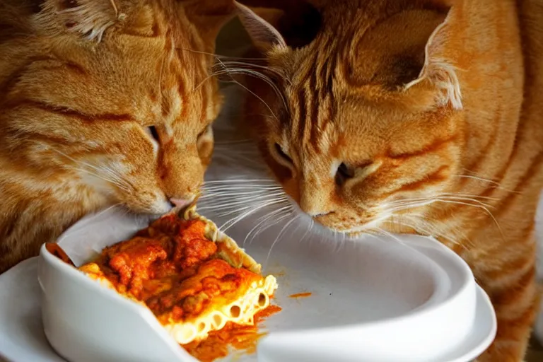 Image similar to large orange tabby cat eating lasagna by Emmanuel Lubezki