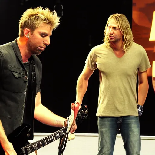 Image similar to chad robert kroeger of nickelback looking at what is on joey's head