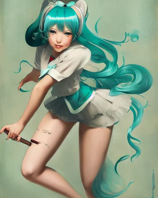 Image similar to Hatsune Miku by Gil Elvgren and Daniela Uhlig