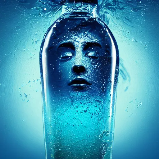 Image similar to water artwork manipulation in the shape of a human head stuffed in a bottle, on the ocean water, futuristic, glowing, gradient, hyper realistic, ray tracing, realistic water, sharp focus, long shot, 8 k resolution, cinematic, photoshop water art