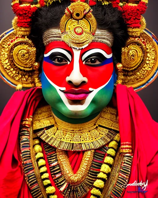 Prompt: photo of a dramatic Kathakali male dancer wearing elaborate makeup and full kathakali costume in the style of stefan kostic, realistic, sharp focus, symmetric, 8k high definition, insanely detailed, intricate, elegant, art by stanley lau and artgerm, William-Adolphe Bouguereau
