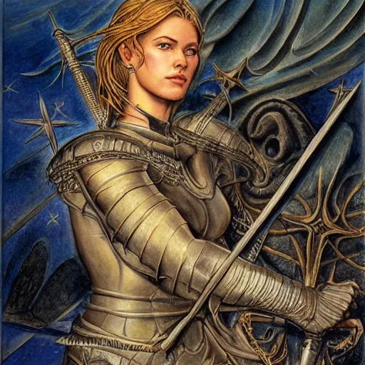 Image similar to jeanne d'arc in the style of william blake, terese nielsen, detailed, intricate, beautiful faces, steve argyle, triumphant fate, pastoral fantastic reality, photorealistic