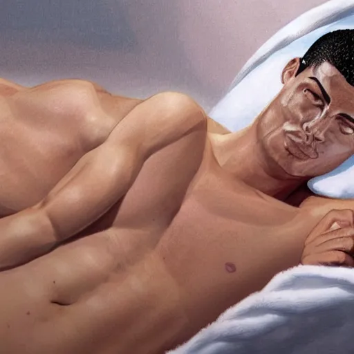 Image similar to hyper realistic image of ronaldo in his bed and he's sick