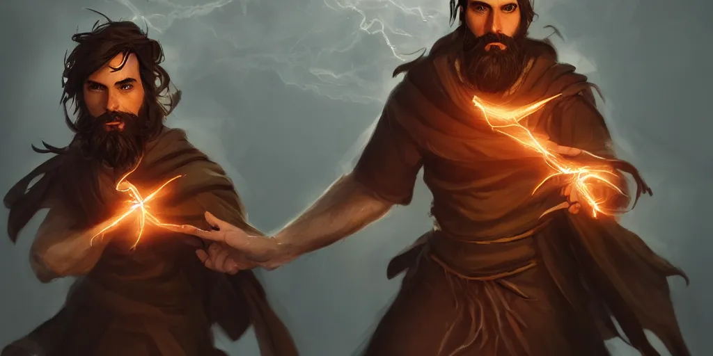 Prompt: a handsome brown hair bearded male sorcerer, he is casting a lighting spell, light rays, bloom, epic pose, epic composition, dramatic lighting, concept art, award winning, trending on artstation