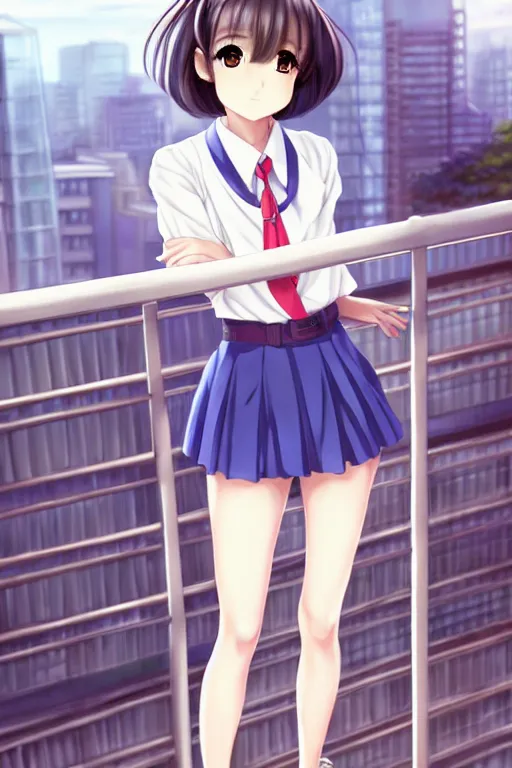 Image similar to beautiful full body portrait of one anime female with short hair, wearing Japanese school uniform, standing in on a balcony overlooking downtown Tokyo, D&D, fantasy, intricate, elegant, highly detailed, digital painting, artstation, concept art, smooth, sharp focus, illustration, beautiful sunlight and shadows, art by artgerm and WLOP and Ruan Jia and Krenz Cushart and greg rutkowski and alphonse mucha